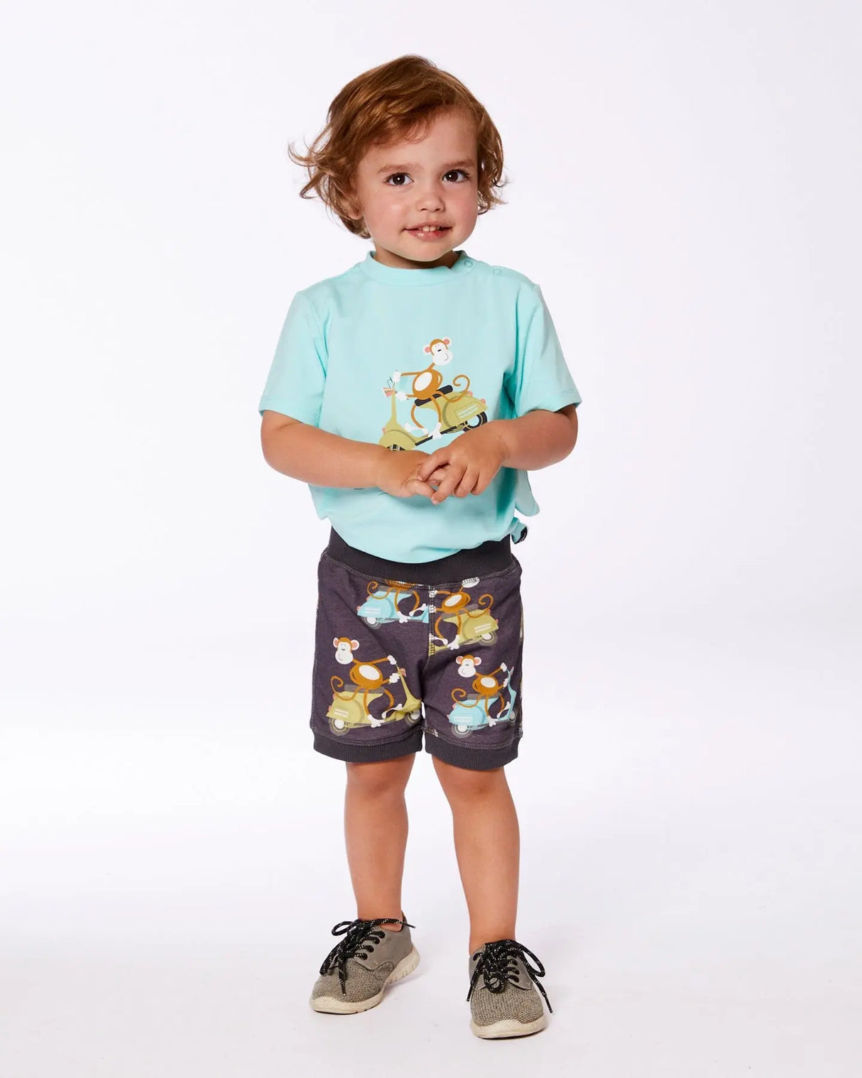 Two-Piece Top And Short Set Monkey On Navy And Turquoise Moped | Deux par Deux | Jenni Kidz