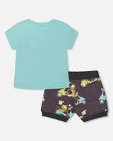 Two-Piece Top And Short Set Monkey On Navy And Turquoise Moped | Deux par Deux | Jenni Kidz