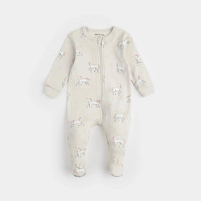 Petit Lem cream baby girl unicorn organic cotton footed sleeper