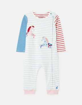 Joules Winfield Colourblock Stripe Horse Romper: front view of striped horse romper with contrasting sleeves