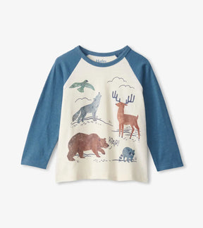 Hatley Winter Forest baby T-shirt with ivory body, blue raglan sleeves and animal print, front view
