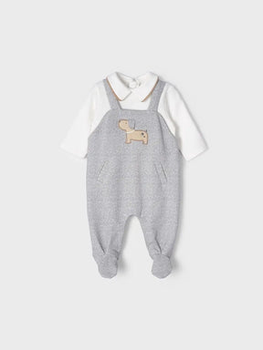 Front view of grey dog applique baby romper shown with enclosed feet