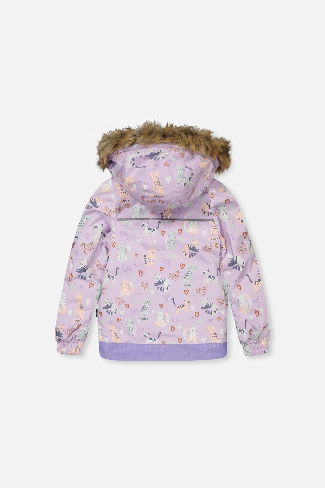 Deux par Deux purple cat-print DISCOVER snowsuit shown in an alternate winter styling view