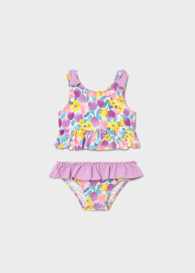 Mayoral baby girl UPF 40+ Lilac/Multi two-piece swim set with floral print and ruffle detail.