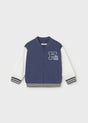 Mayoral baby boy Navy varsity bomber jacket with contrast sleeves, rib trim, and front patch.