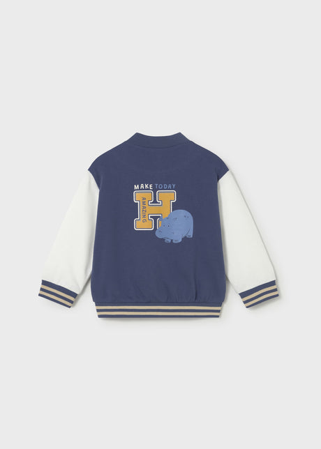 Back view of Mayoral baby boy bomber jacket with Navy body and contrast long sleeves.