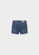 Back view of Mayoral baby boy Light Blue denim shorts with jean-style pockets and summer fit.