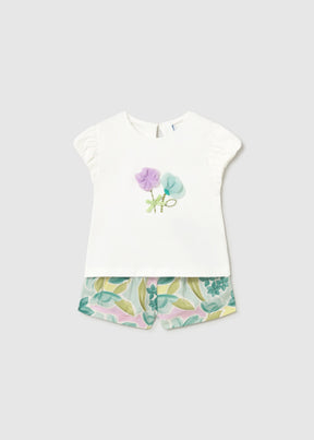 Mayoral baby girl floral shorts and white T-shirt set with soft cotton stretch top.