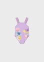 Mayoral baby girl Lilac graphic one-piece swimsuit with ruffled straps and colorful front print.