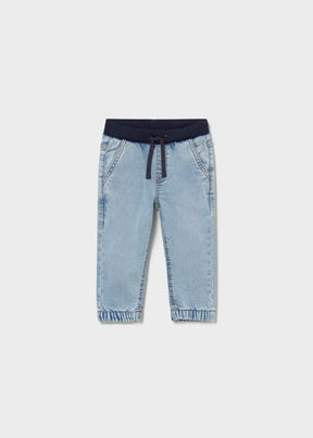 Front view of light blue baby jogger jeans with navy drawstring waist