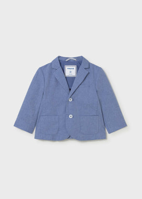 Mayoral baby boy Capri Blue knit blazer with button front, patch pockets, and classic collar.