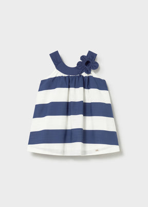 Front view of navy-and-white striped Mayoral baby girl dress with shoulder flower