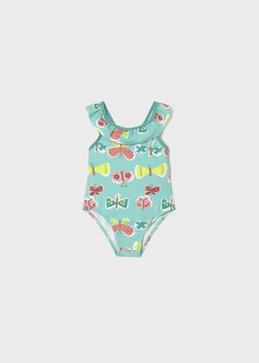 Front view of aqua Mayoral baby girl swimsuit with colourful butterfly print