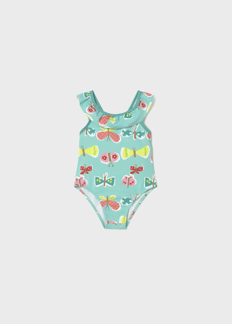 Mayoral baby girl UPF 40+ Aqua printed one-piece swimsuit with colorful fish graphics and ruffle detail.