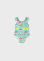 Mayoral baby girl UPF 40+ Aqua printed one-piece swimsuit with colorful fish graphics and ruffle detail.