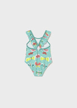 Back view of Mayoral baby girl Aqua/Multi printed swimsuit with stretch swim fabric.