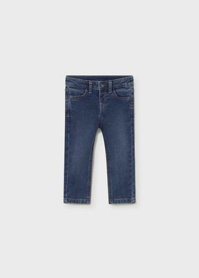 Front view of baby boys dark blue slim-fit jeans
