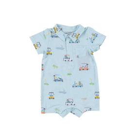 Angel Dear Blue Golf Carts bamboo polo shortie for baby boys front view