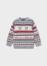 Front view of gray boys jacquard sweater with polar bears and Après Ski pattern