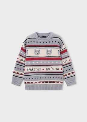 Front view of gray boys jacquard sweater with polar bears and Après Ski pattern