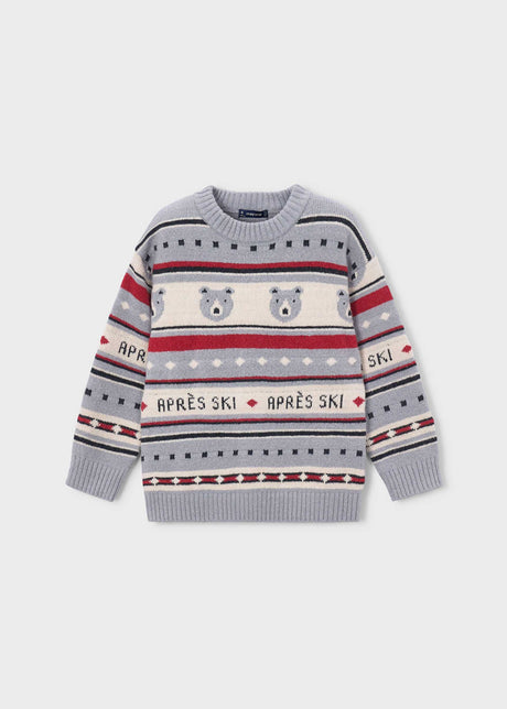 Front view of gray boys jacquard sweater with polar bears and Après Ski pattern