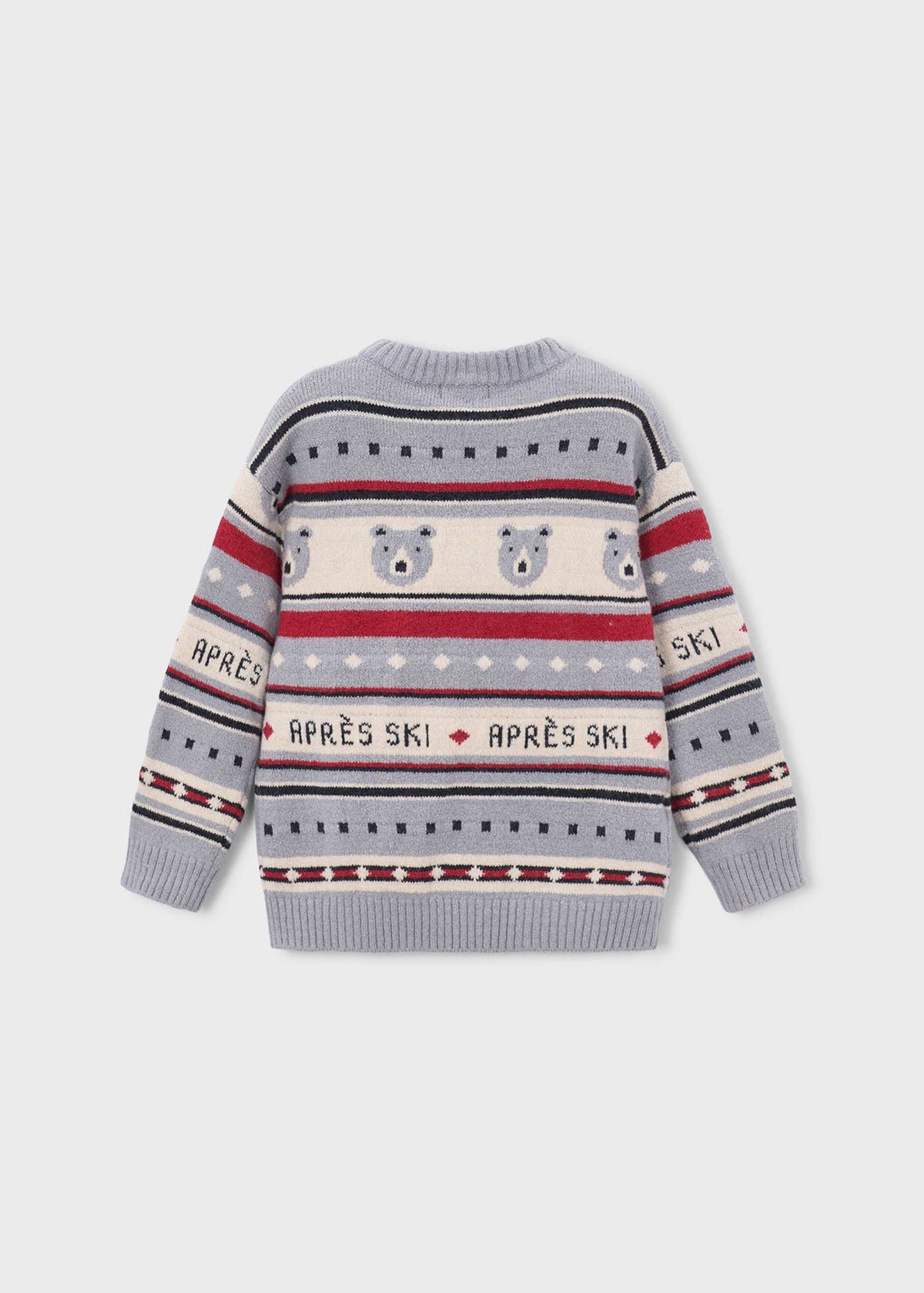Back view of gray boys jacquard sweater with striped ski pattern