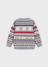Back view of gray boys jacquard sweater with striped ski pattern