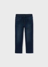 Front view of boys dark blue pull-on jeans with drawstring waist