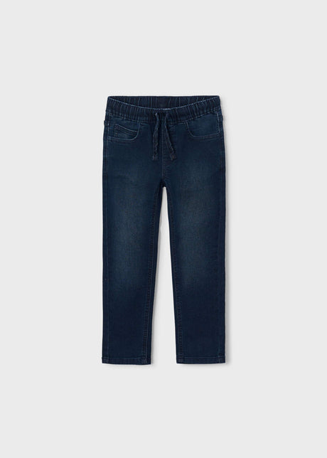 Front view of boys dark blue pull-on jeans with drawstring waist