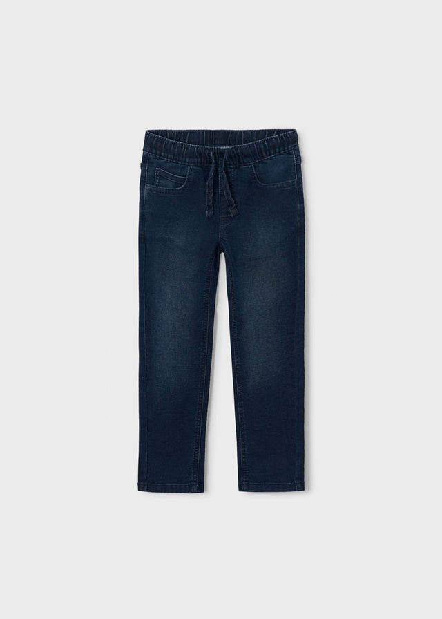 Front view of boys dark blue pull-on jeans with drawstring waist