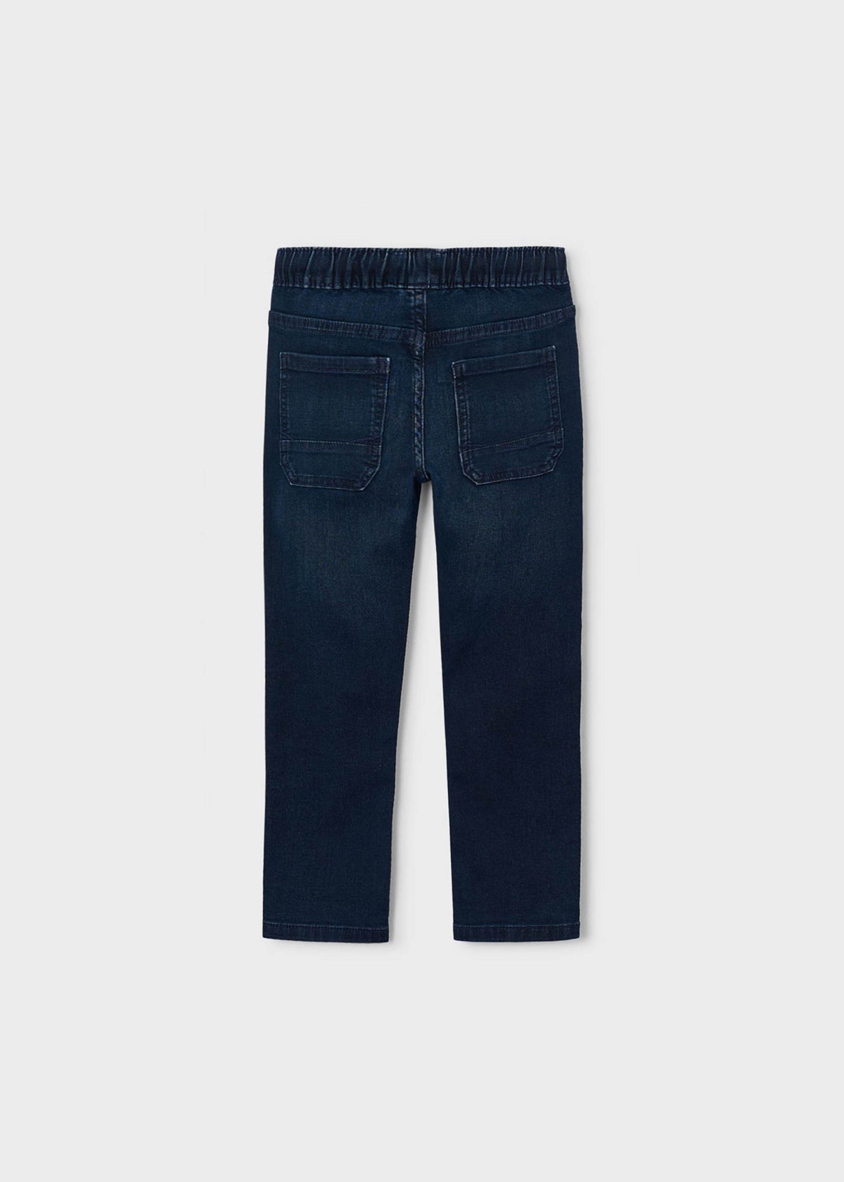 Back view of boys dark blue pull-on jeans with patch pockets