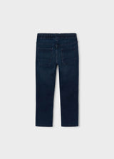 Back view of boys dark blue pull-on jeans with patch pockets