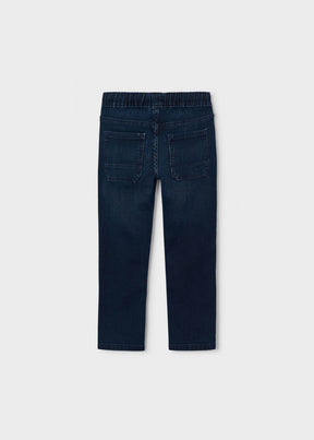 Back view of boys dark blue pull-on jeans with patch pockets