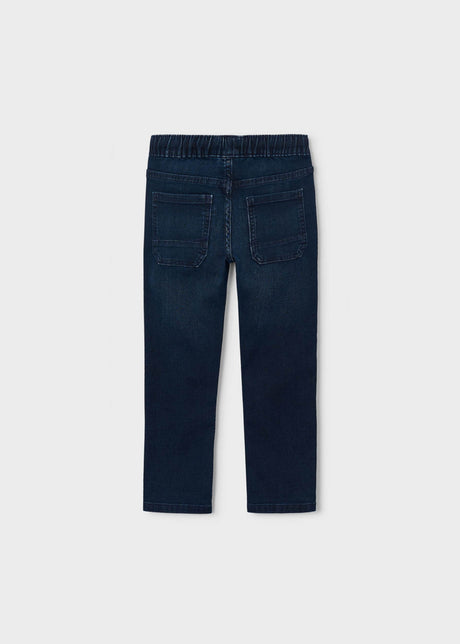 Back view of boys dark blue pull-on jeans with patch pockets