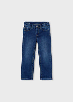 Front view of boys dark blue slim-fit jeans