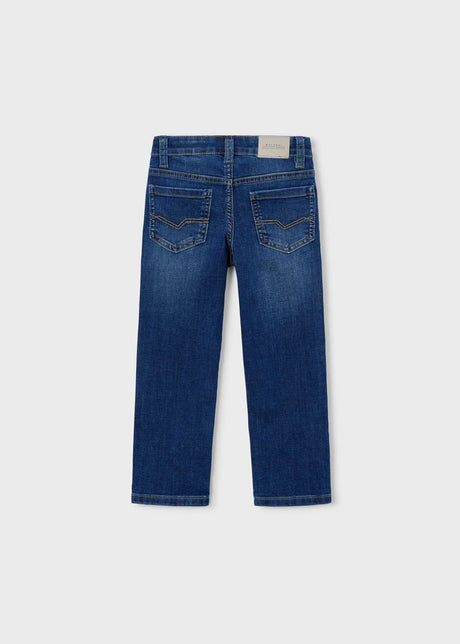 Back view of Mayoral boys Dark Denim jeans showing slim leg shape and classic denim styling.