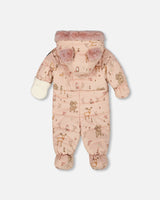 Back view of the pink animal print infant snowsuit showing quilting and included booties