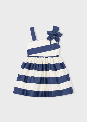 Front view of navy and ivory striped girls dress with flower applique