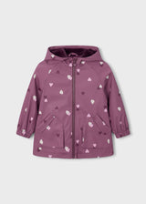 Front view of mauve girls hooded raincoat with heart print