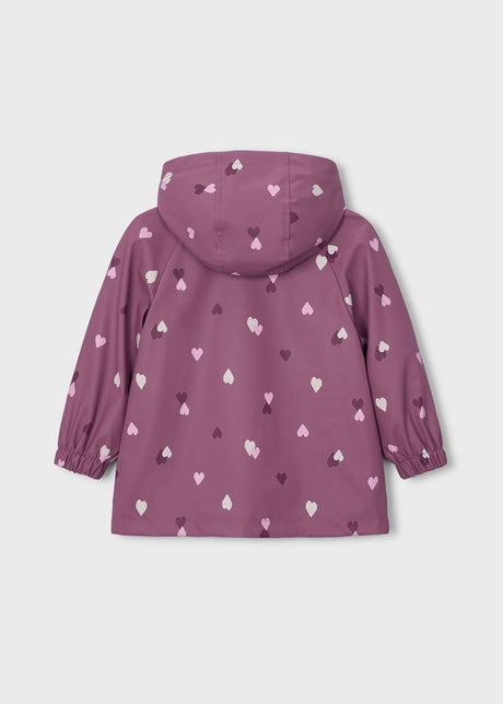 Back view of mauve girls hooded raincoat with heart print