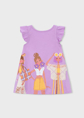 Front view of lilac girls knit dress with ruffle sleeves and illustrated print