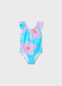 Mayoral girls ruffled one-piece swimsuit in Lilac/Aqua floral print