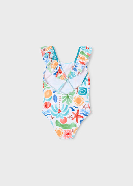 Back view of Mayoral girls ruffled one-piece swimsuit showing colorful print and swim fit.