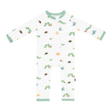 Flat lay of Kyte Baby zippered bamboo romper with long sleeves and green trim