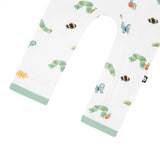 Detail view of Kyte Baby Caterpillar romper sleeve and soft bamboo fabric