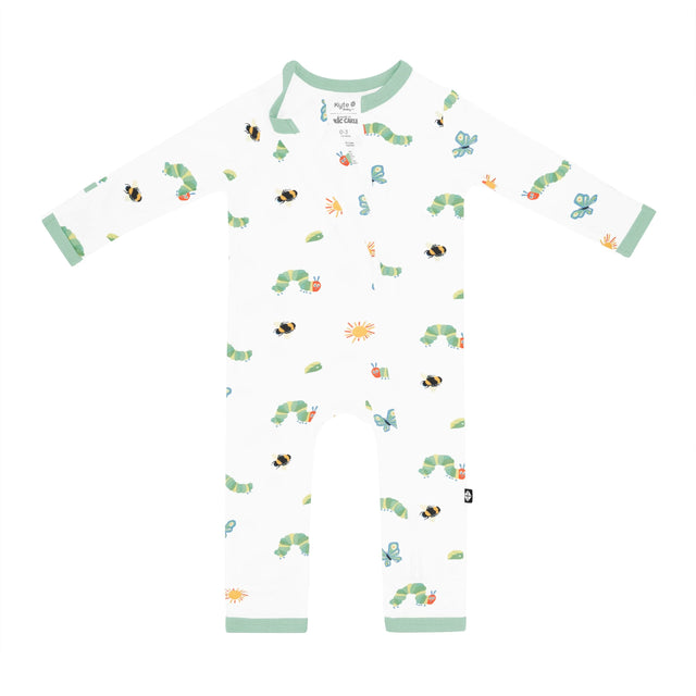 Kyte Baby unisex zippered bamboo romper in The Very Hungry Caterpillar print with green trim
