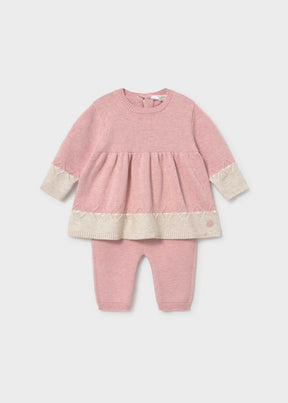 Mayoral newborn baby girl dress with leggings set in soft Pink and Cream 100% cotton.