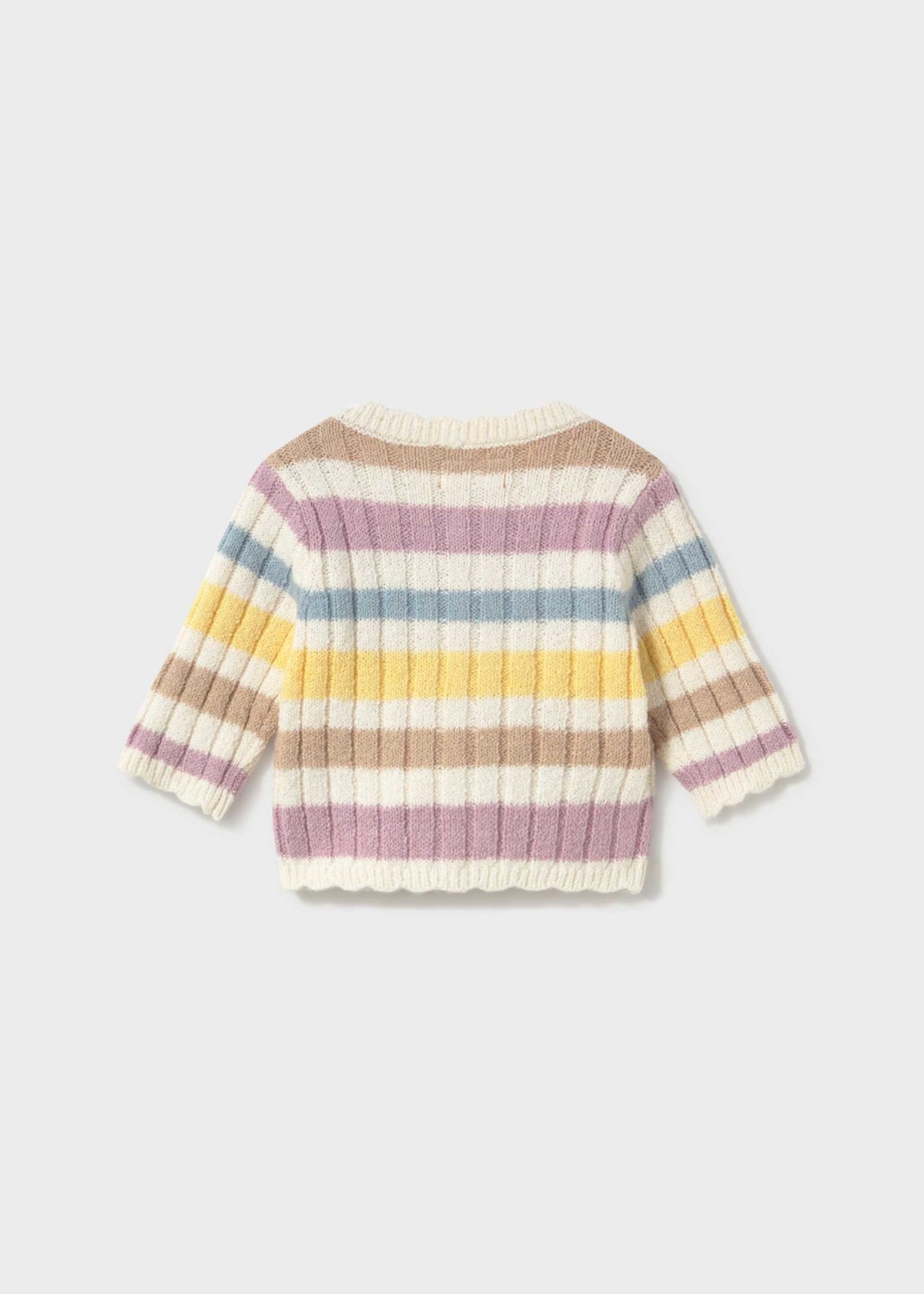 Front view of Mayoral baby girl pastel stripe cardigan in soft cotton-blend knit.
