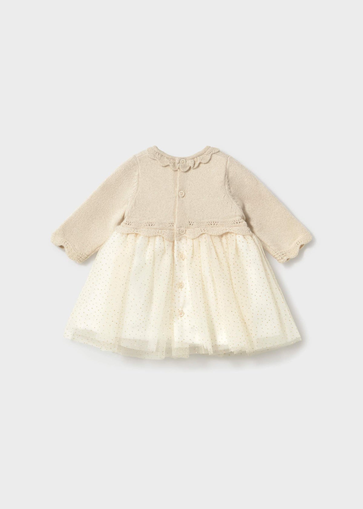 Back view of ivory Mayoral newborn girl tulle dress with gathered skirt