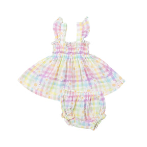 Angel Dear Gingham Daisy organic cotton smocked top and diaper cover set, image 1